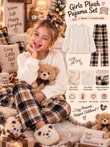 Kids Tween Girl Solid Color Crew Neck Long Sleeve Autumn Top And Plaid Pants 2 Pieces Loungewear Set - White - View 3
