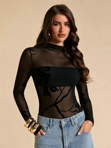 SHEIN BAE 女款黑色天鵝絨提花半透連身衣，適合秋冬穿著，日常穿搭、休閒外出或朋友聚會皆宜 - 黑色 - 查看 5