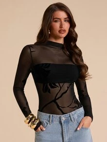 SHEIN BAE 女款黑色天鵝絨提花半透連身衣，適合秋冬穿著，日常穿搭、休閒外出或朋友聚會皆宜 - 黑色 - 查看 3
