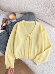 Casual Solid Color Round Neck Long Sleeve Loose Cropped Kids Cardigan Sweater Tween Girl Winter Coat - Yellow - View 5