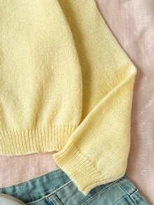Casual Solid Color Round Neck Long Sleeve Loose Cropped Kids Cardigan Sweater Tween Girl Winter Coat - Yellow - View 12