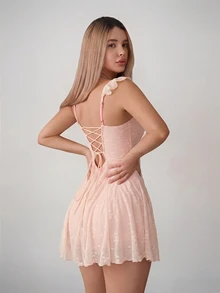 Sweetina 女款夏季優雅純色交叉肩帶露背細肩帶迷你洋裝 - 淺粉色 - 查看 3