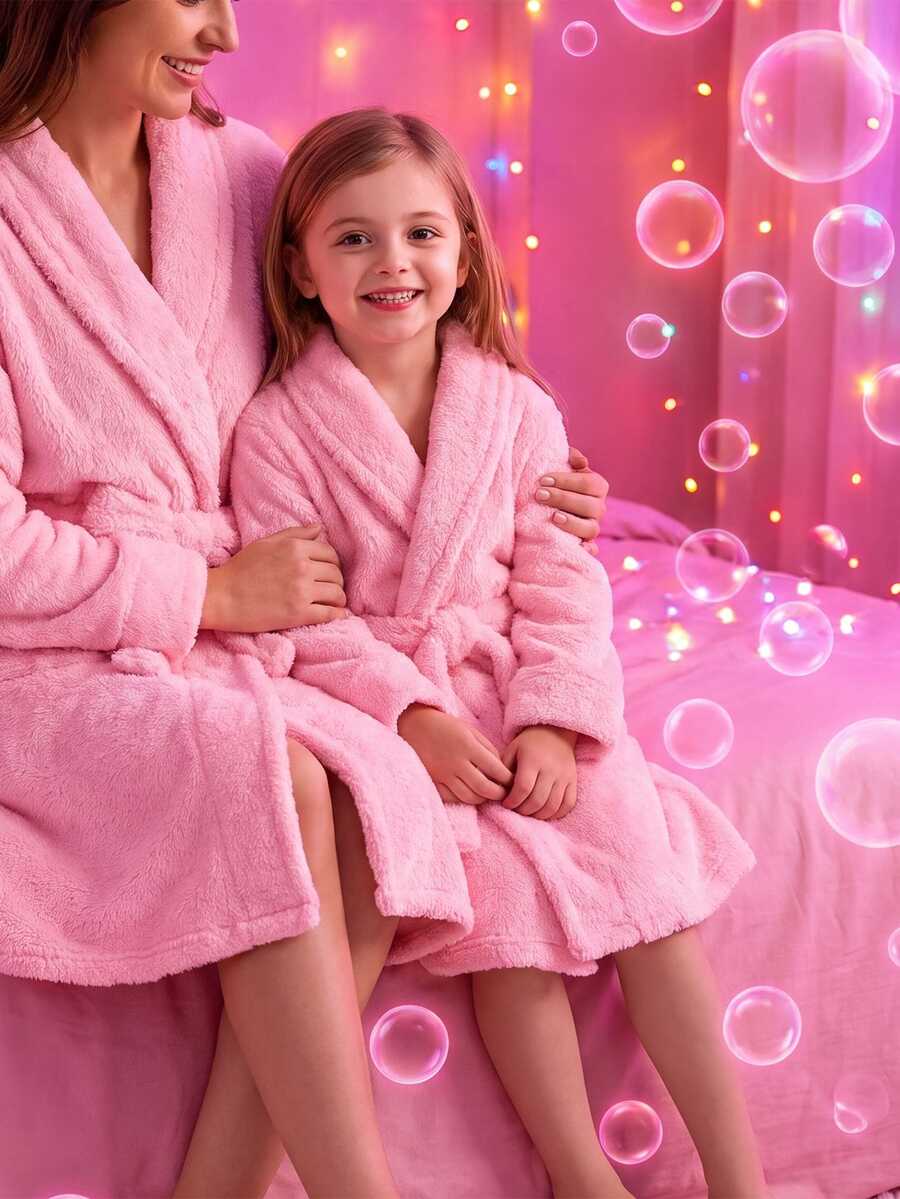 SHEIN 兒童青少年女孩軟心刺繡純色粉紅色,適合青少年女孩,秋冬季青少年女孩 - 粉色 - 查看 1