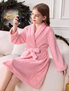 SHEIN 兒童青少年女孩軟心刺繡純色粉紅色，適合青少年女孩，秋冬季青少年女孩 - 粉色 - 查看 8