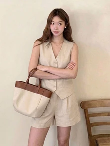 Tideelle Women Casual Commuter Solid Color Vest And Shorts 2 Pieces Set - Khaki - View 1