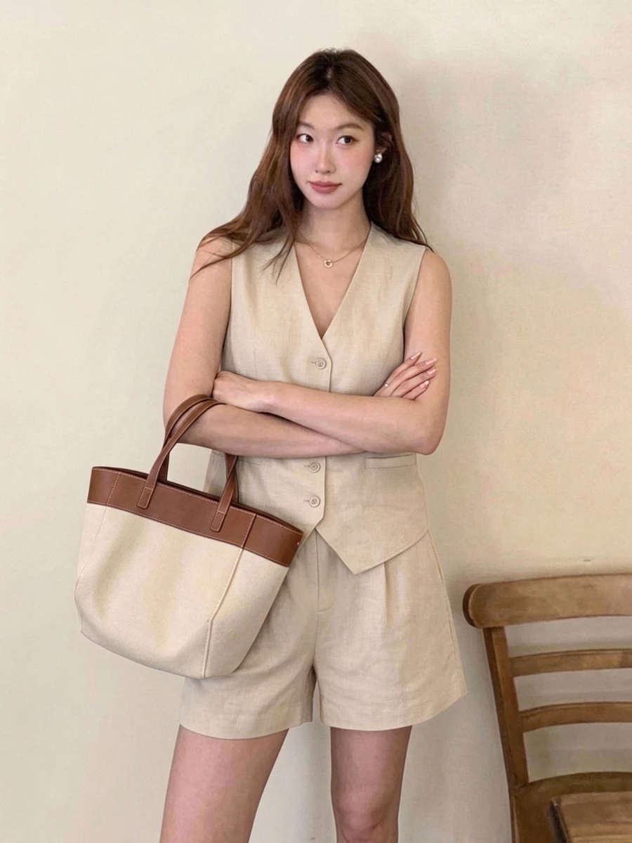 Tideelle Women Casual Commuter Solid Color Vest And Shorts 2 Pieces Set - Khaki - View 1