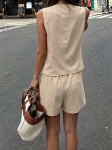 Tideelle Women Casual Commuter Solid Color Vest And Shorts 2 Pieces Set - Khaki - View 3