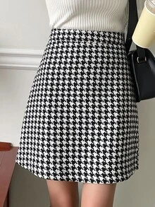 DAZY High Waist Houndstooth Print Skirt Fall Skirts Plaid - Black and White - View 1
