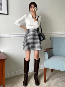 DAZY High Waist Houndstooth Print Skirt Fall Skirts Plaid - Black and White - View 5