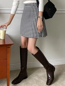 DAZY High Waist Houndstooth Print Skirt Fall Skirts Plaid - Black and White - View 6