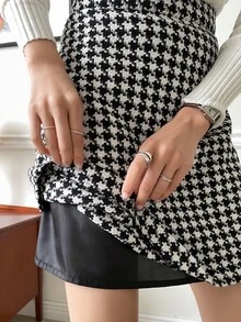 DAZY High Waist Houndstooth Print Skirt Fall Skirts Plaid - Black and White - View 3