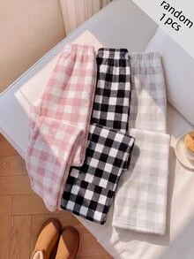 SHEIN Tween女孩寬鬆休閒百搭抽繩口袋寬腿運動長褲 米色格紋紋理冬季長褲 - 粉色 - 查看 5