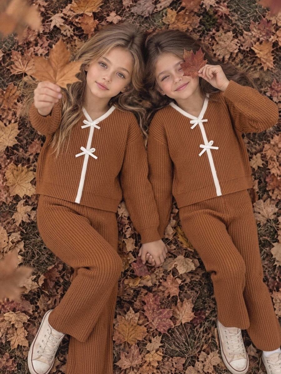 Girls' Autumn/Winter Brown & White Contrast Trim Bow V-Neck Faux Cardigan + Wide Leg Pants Knit Sweater Set, Long Sleeve Fashion Pullover Sweater & Long Pants Set - Brown - View 1