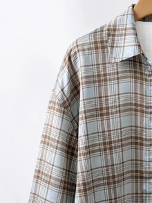 SHEIN LUNE 大碼格紋印花落肩襯衫，無內搭 T 恤，秋季辦公室早午餐正式穿搭，1920 年代復古藍白休閒優雅風 - 彩色 - 查看 3
