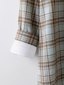 SHEIN LUNE 大碼格紋印花落肩襯衫，無內搭 T 恤，秋季辦公室早午餐正式穿搭，1920 年代復古藍白休閒優雅風 - 彩色 - 查看 4