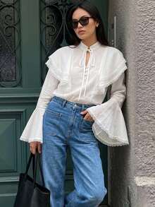 DAZY Solid Color Fitted Ruffle Bell Sleeve Tie Front Elegant Romantic Vacation Spring Autumn Blouse For Women Brunch White - White - View 3