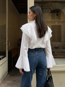 DAZY Solid Color Fitted Ruffle Bell Sleeve Tie Front Elegant Romantic Vacation Spring Autumn Blouse For Women Brunch White - White - View 2