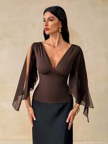 SHEIN Tall بلوزة نسائية بلون موحد بياقة على شكل حرف V للارتداء اليومي العادي - بني - مشاهدة 4