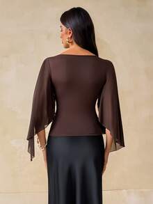 SHEIN Tall بلوزة نسائية بلون موحد بياقة على شكل حرف V للارتداء اليومي العادي - بني - مشاهدة 2
