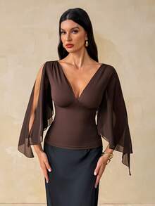 SHEIN Tall بلوزة نسائية بلون موحد بياقة على شكل حرف V للارتداء اليومي العادي - بني - مشاهدة 8