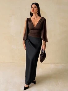 SHEIN Tall بلوزة نسائية بلون موحد بياقة على شكل حرف V للارتداء اليومي العادي - بني - مشاهدة 5