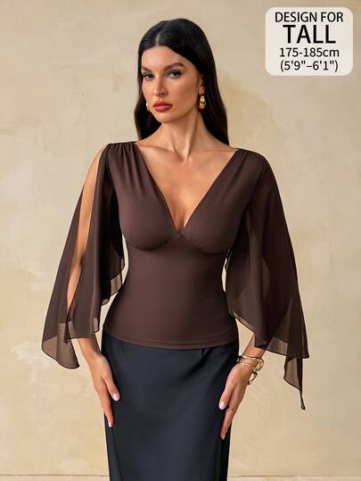 SHEIN Tall بلوزة نسائية بلون موحد بياقة على شكل حرف V للارتداء اليومي العادي
