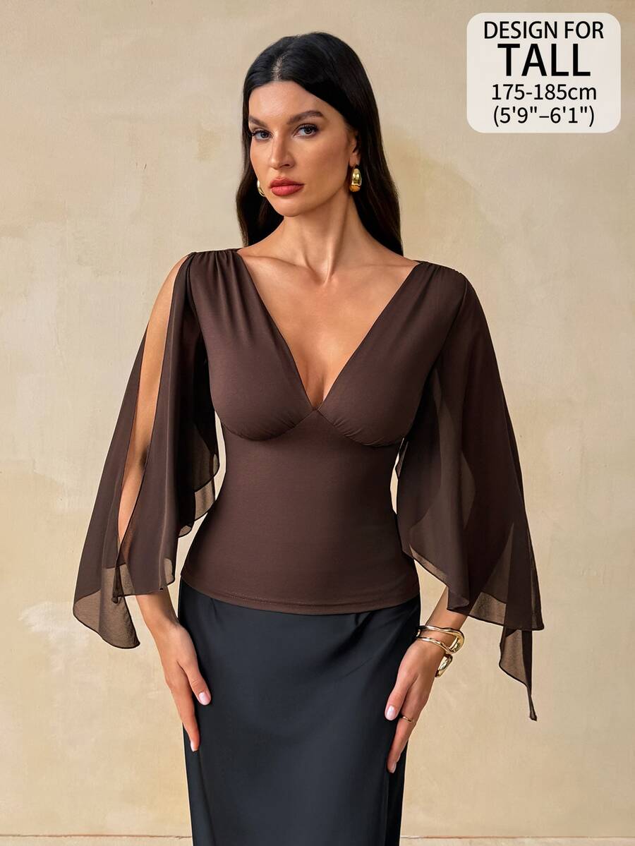 SHEIN Tall بلوزة نسائية بلون موحد بياقة على شكل حرف V للارتداء اليومي العادي - بني - مشاهدة 1