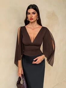 SHEIN Tall بلوزة نسائية بلون موحد بياقة على شكل حرف V للارتداء اليومي العادي - بني - مشاهدة 3
