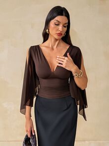 SHEIN Tall بلوزة نسائية بلون موحد بياقة على شكل حرف V للارتداء اليومي العادي - بني - مشاهدة 6