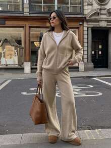DAZY Solid Drop Shoulder Zip Up Hooded Cardigan & Wide Leg Knit Pants Set Fall - Apricot - View 8