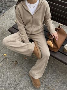 DAZY Solid Drop Shoulder Zip Up Hooded Cardigan & Wide Leg Knit Pants Set Fall - Apricot - View 1