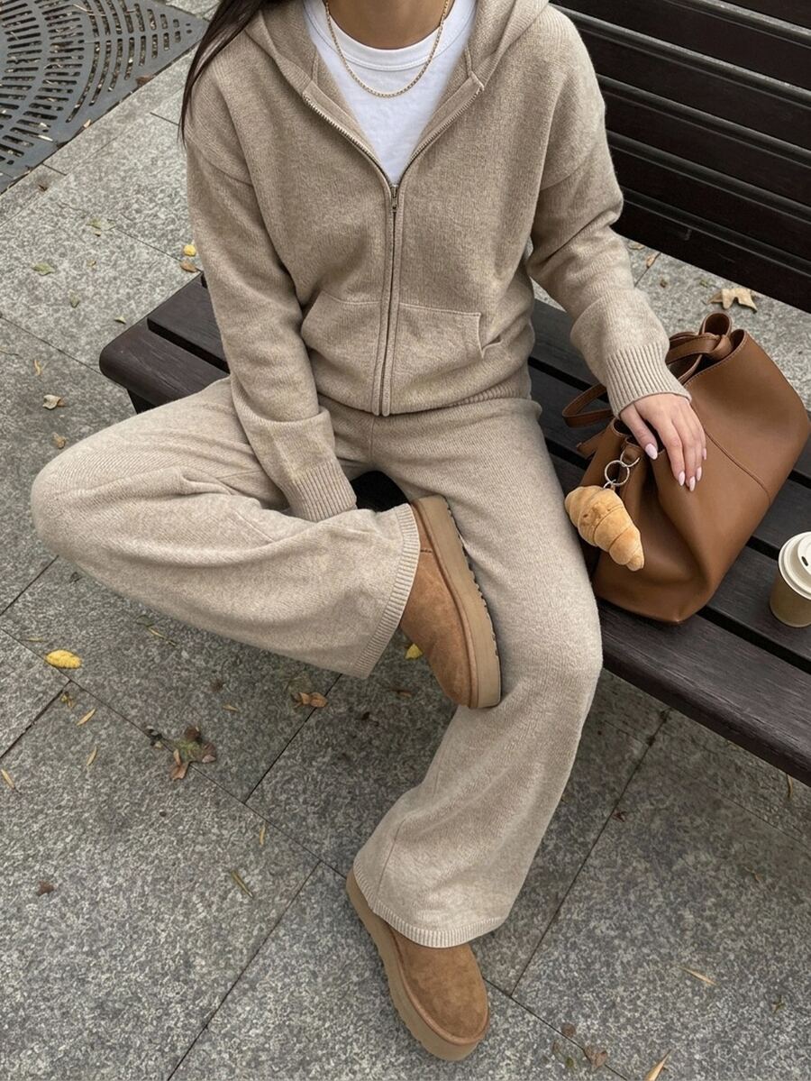 DAZY Solid Drop Shoulder Zip Up Hooded Cardigan & Wide Leg Knit Pants Set Fall - Apricot - View 1