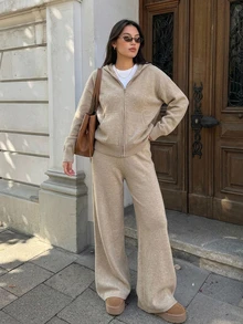 DAZY Solid Drop Shoulder Zip Up Hooded Cardigan & Wide Leg Knit Pants Set Fall - Apricot - View 9