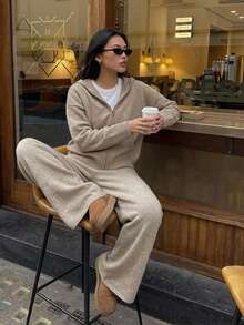 DAZY Solid Drop Shoulder Zip Up Hooded Cardigan & Wide Leg Knit Pants Set Fall - Apricot - View 4