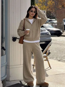 DAZY Solid Drop Shoulder Zip Up Hooded Cardigan & Wide Leg Knit Pants Set Fall - Apricot - View 3