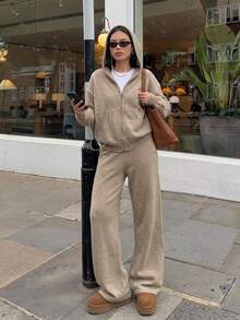 DAZY Solid Drop Shoulder Zip Up Hooded Cardigan & Wide Leg Knit Pants Set Fall - Apricot - View 6