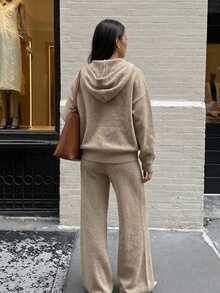 DAZY Solid Drop Shoulder Zip Up Hooded Cardigan & Wide Leg Knit Pants Set Fall - Apricot - View 2