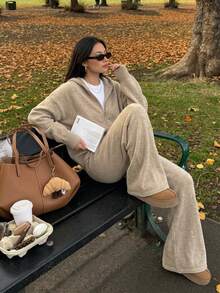 DAZY Solid Drop Shoulder Zip Up Hooded Cardigan & Wide Leg Knit Pants Set Fall - Apricot - View 10