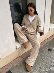 DAZY Solid Drop Shoulder Zip Up Hooded Cardigan & Wide Leg Knit Pants Set Fall - Apricot - View 5