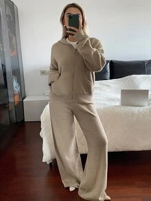 DAZY Solid Drop Shoulder Zip Up Hooded Cardigan & Wide Leg Knit Pants Set Fall - Apricot - View 11