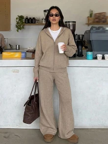 DAZY Solid Drop Shoulder Zip Up Hooded Cardigan & Wide Leg Knit Pants Set Fall - Apricot - View 7