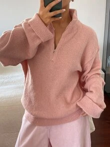 DAZY Women's Solid Color Loose High Neck Zipper Long Sleeve Casual Minimalist Vacation Spring Autumn Pullover Knit Sweater Everyday Home Dusty Pink - Pink - View 12