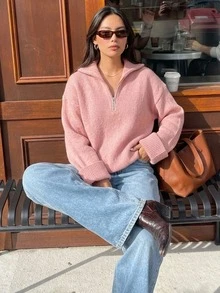 DAZY Women's Solid Color Loose High Neck Zipper Long Sleeve Casual Minimalist Vacation Spring Autumn Pullover Knit Sweater Everyday Home Dusty Pink - Pink - View 7