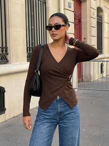 DAZY Solid Ring Linked Wrap Tee Fall Vacation Brunch Dark Brown French Elegant - Brown - View 5