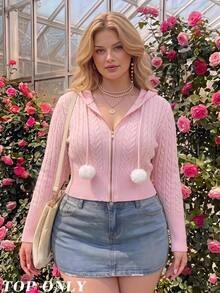 SHEIN MOD Plus Size Sweet Fashion Long Sleeve Hooded Knit Cardigan - Pink - View 7