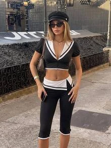 Sweetina Women's Colorblock Casual Preppy Ocean Theme Cropped Top Vacation Black And White Striped Summer - Black - View 1