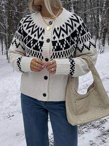 Muchica Women's Fall Black And White Checkered Fair Isle Pattern Casual Retro Loose Cardigan Christmas City Break Travel Everyday - Apricot - View 7