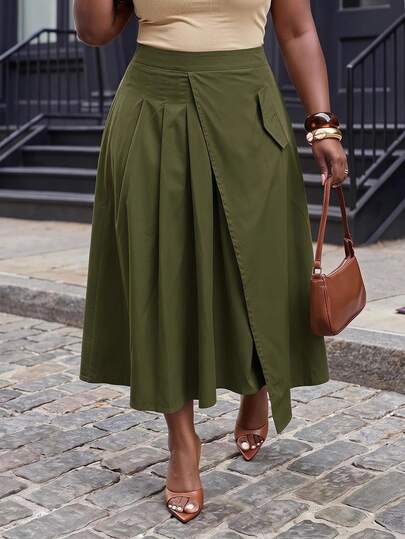 Slaydiva Plus Size Women's Skirt, Khaki Wrap Asymmetrical Pleated Midi Skirt With Pocket Fall