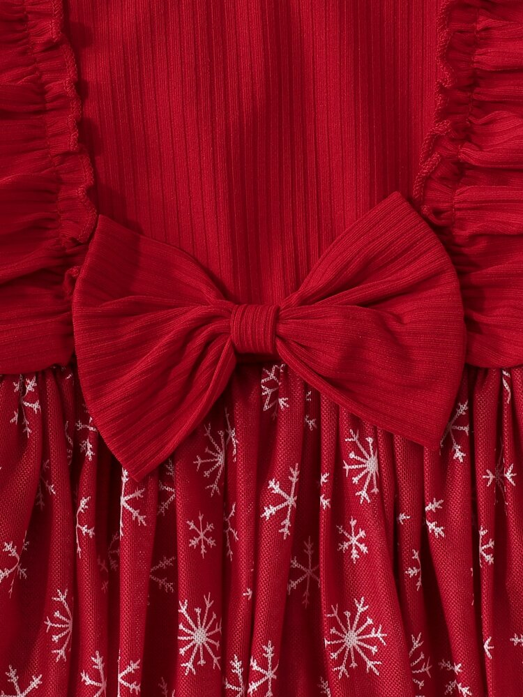 SHEIN Infant Girl Burgundy Ruffle Trim Ribbed Stripe & Snowflake Mesh Patchwork Dress & Headband 2pcs Set - Burgundy - View 5