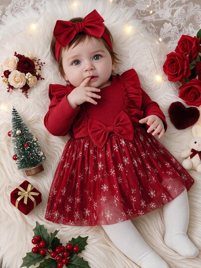 SHEIN Playful Pals Infant Girl Burgundy Ruffle Trim Ribbed Stripe & Snowflake Mesh Patchwork Dress & Headband 2pcs Set